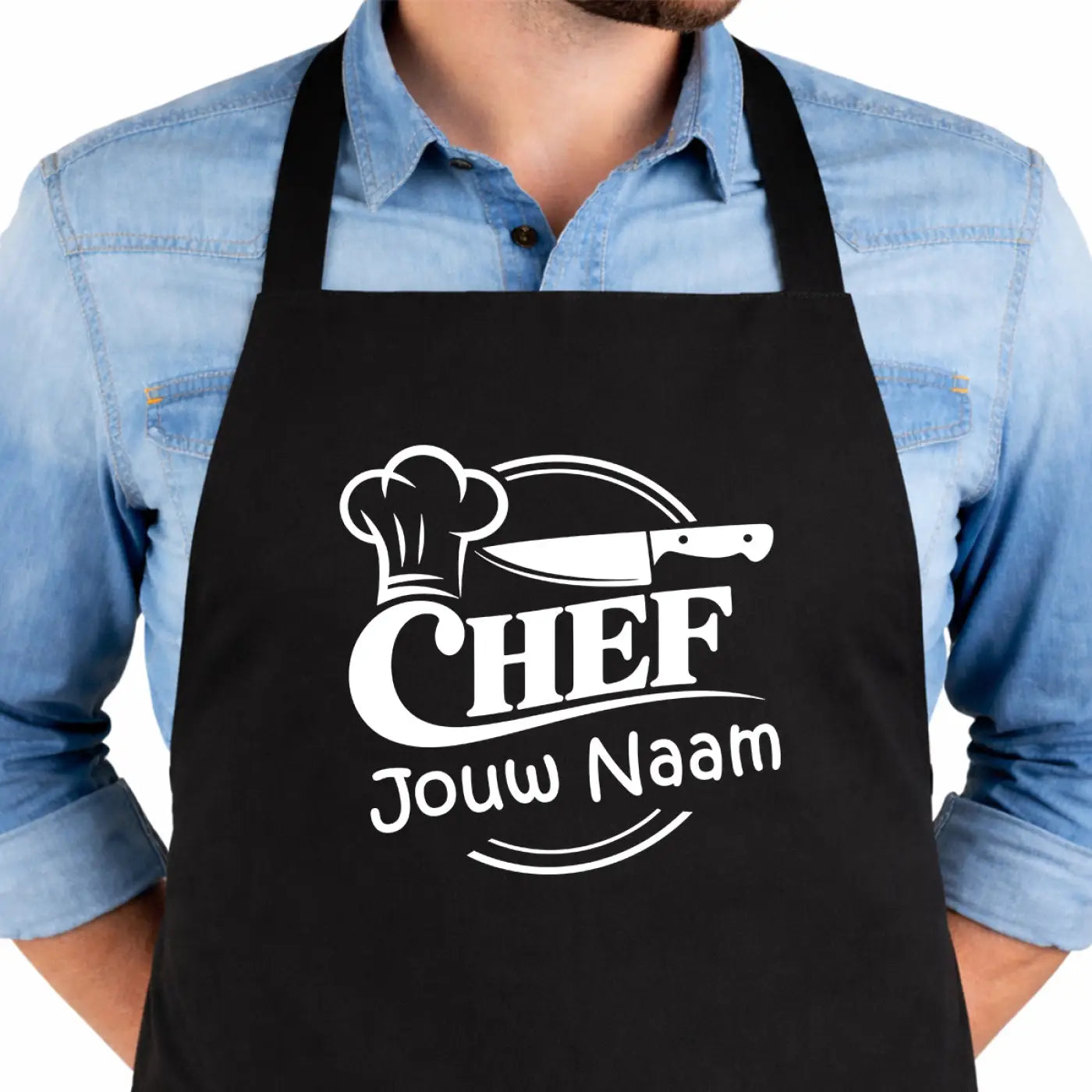 Zwarte bbq schort met witte chef grafische print en gepersonaliseerde tekst voor koken en barbecueën