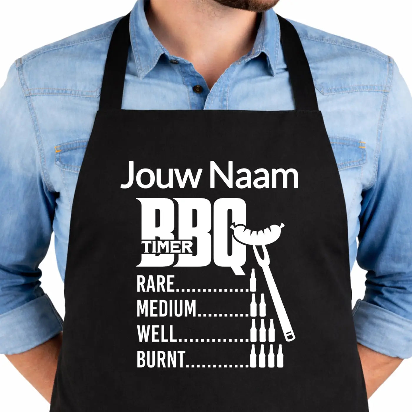 Zwart bbq schort met naam en timer ontwerp met niveaus van rare tot burnt voor vleessmaak graden