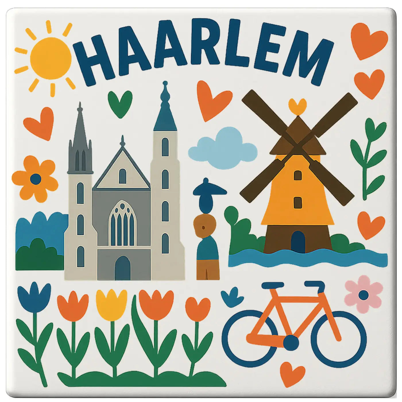 Wit keramisch onderzetter met kleurrijk illustratief ontwerp van Haarlem met kerk, molen, tulpen en fiets