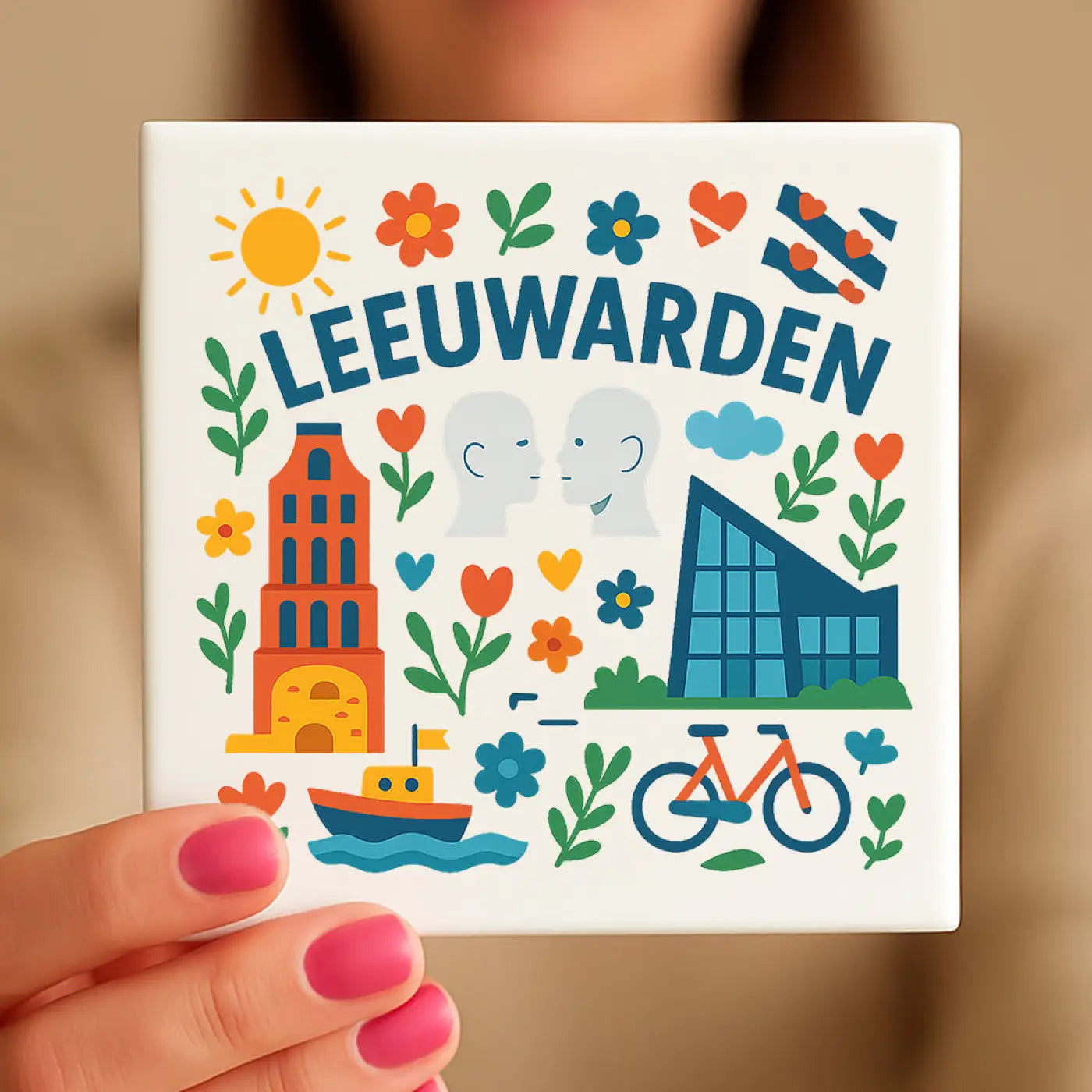 Een wit keramisch coaster met een kleurrijk geïllustreerd ontwerp van leeuwarden met oranje en blauwe gebouwen