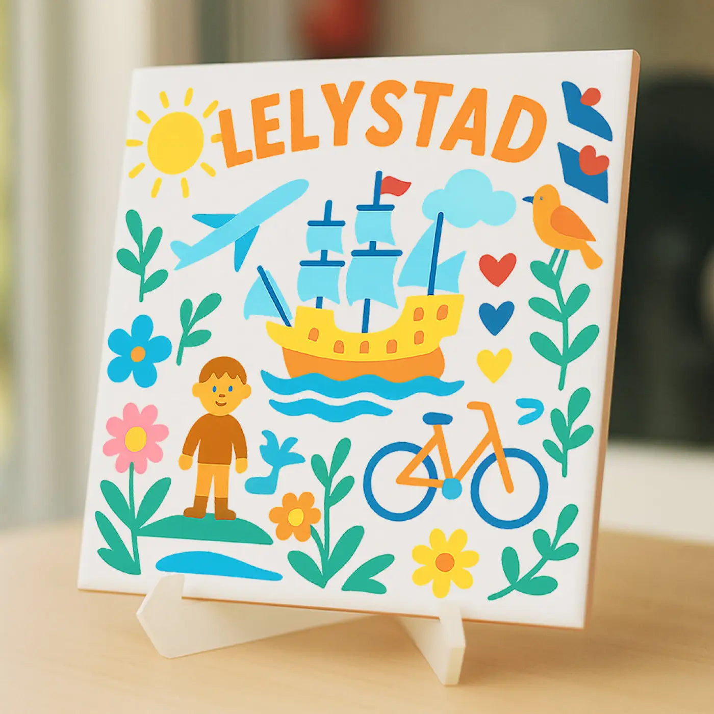 Wit vierkant decoratief tegel met kleurrijk ontwerp en lelystad tekst voor lelystad cadeau tegeltje