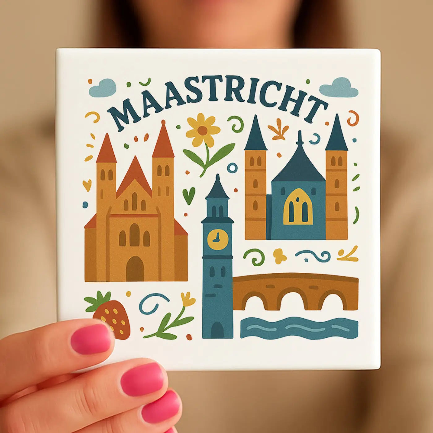 Witte keramische onderzetter met kleurrijke illustratie van maastrichtse herkenningspunten appels en bloemen