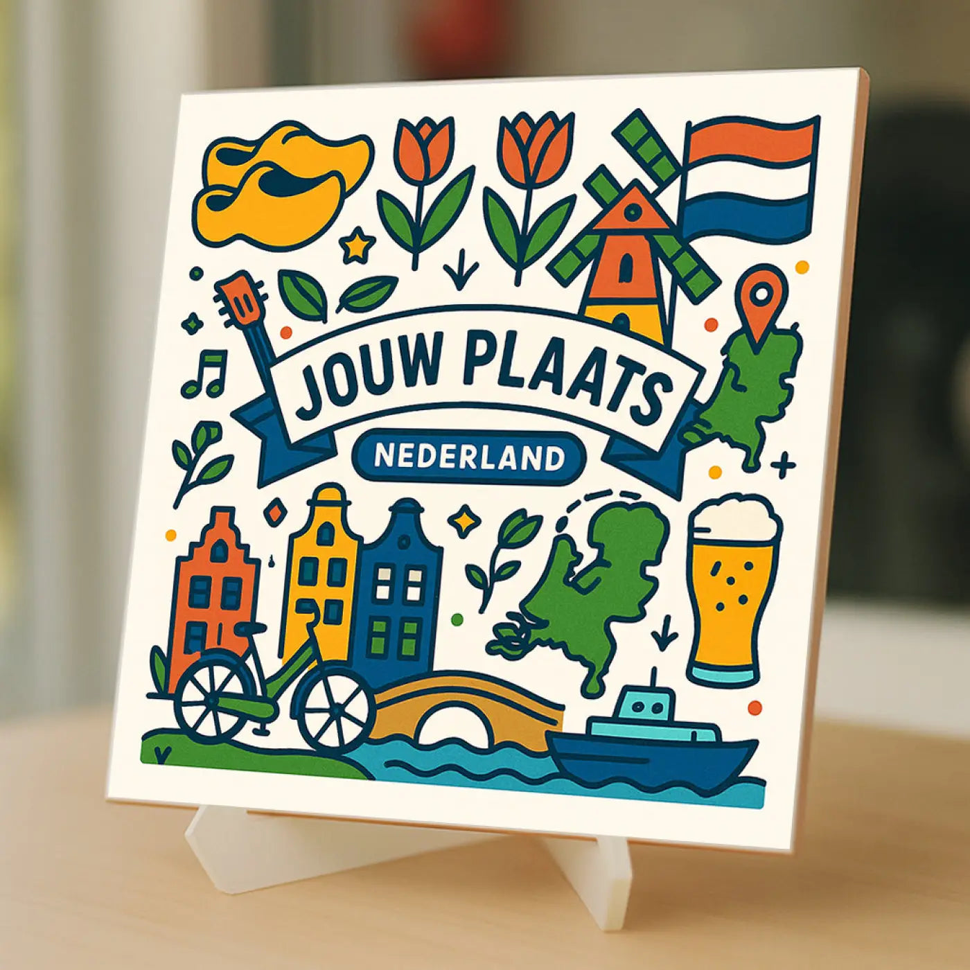 Kleurig illustratief vierkant tegeltje met dutch iconen zoals tulpen windmolens en grachtenpanden met tekst jouw plaats nederland