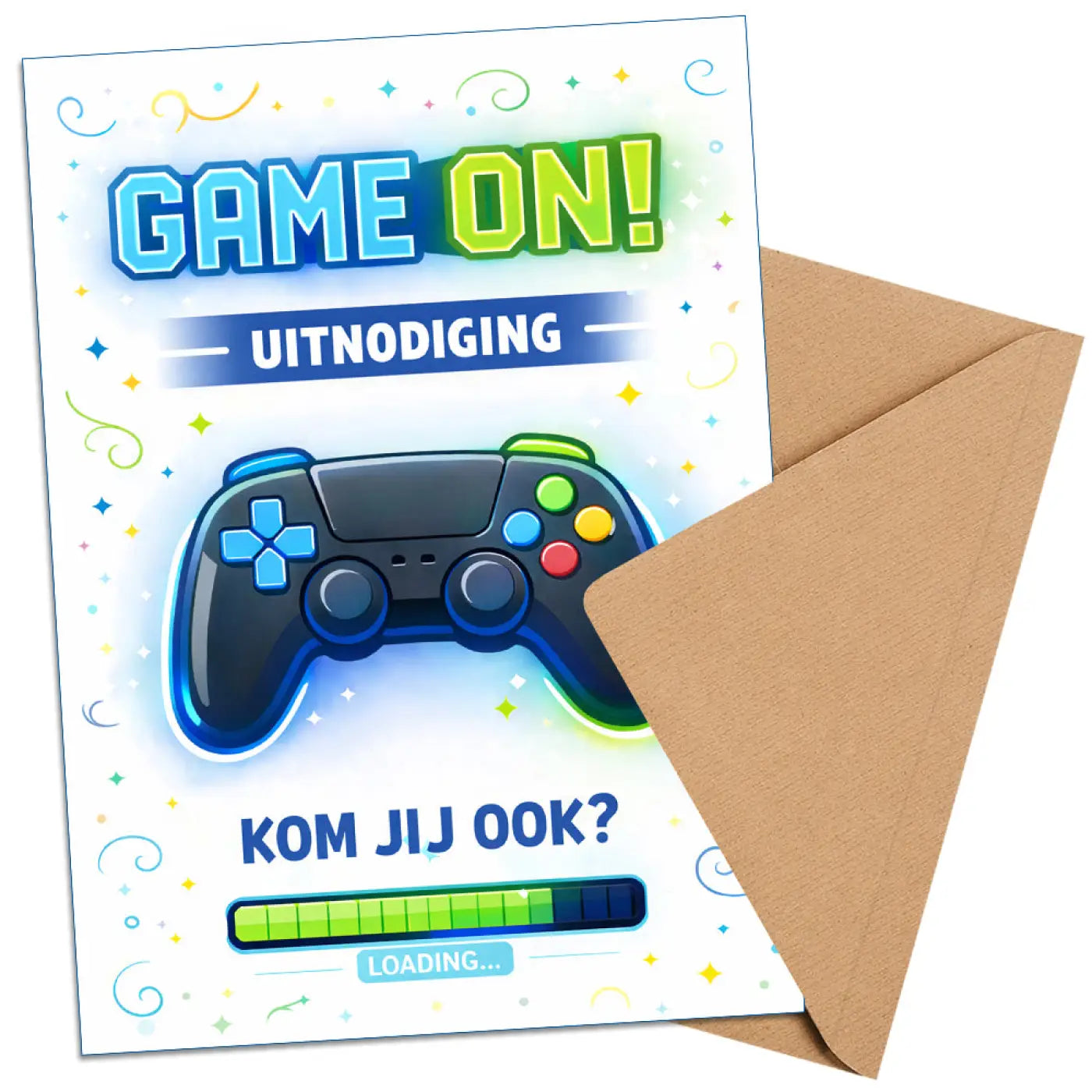 Vibrante cartoon playstation controller op witte uitnodiging kinderfeestje gaming met confetti en laadbalk design