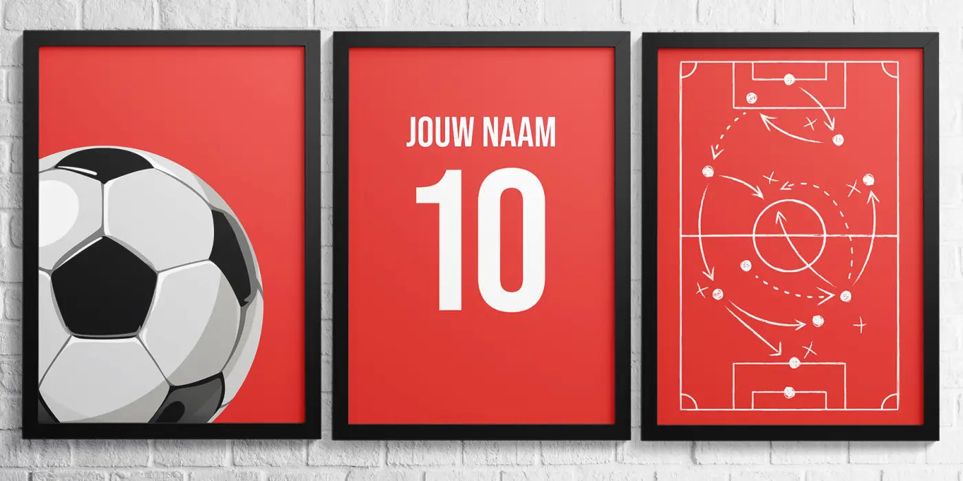 Alkmaar 3-delige posterset met zwart-wit voetbal poster in klassiek paneelontwerp voor voetbaldecoratie