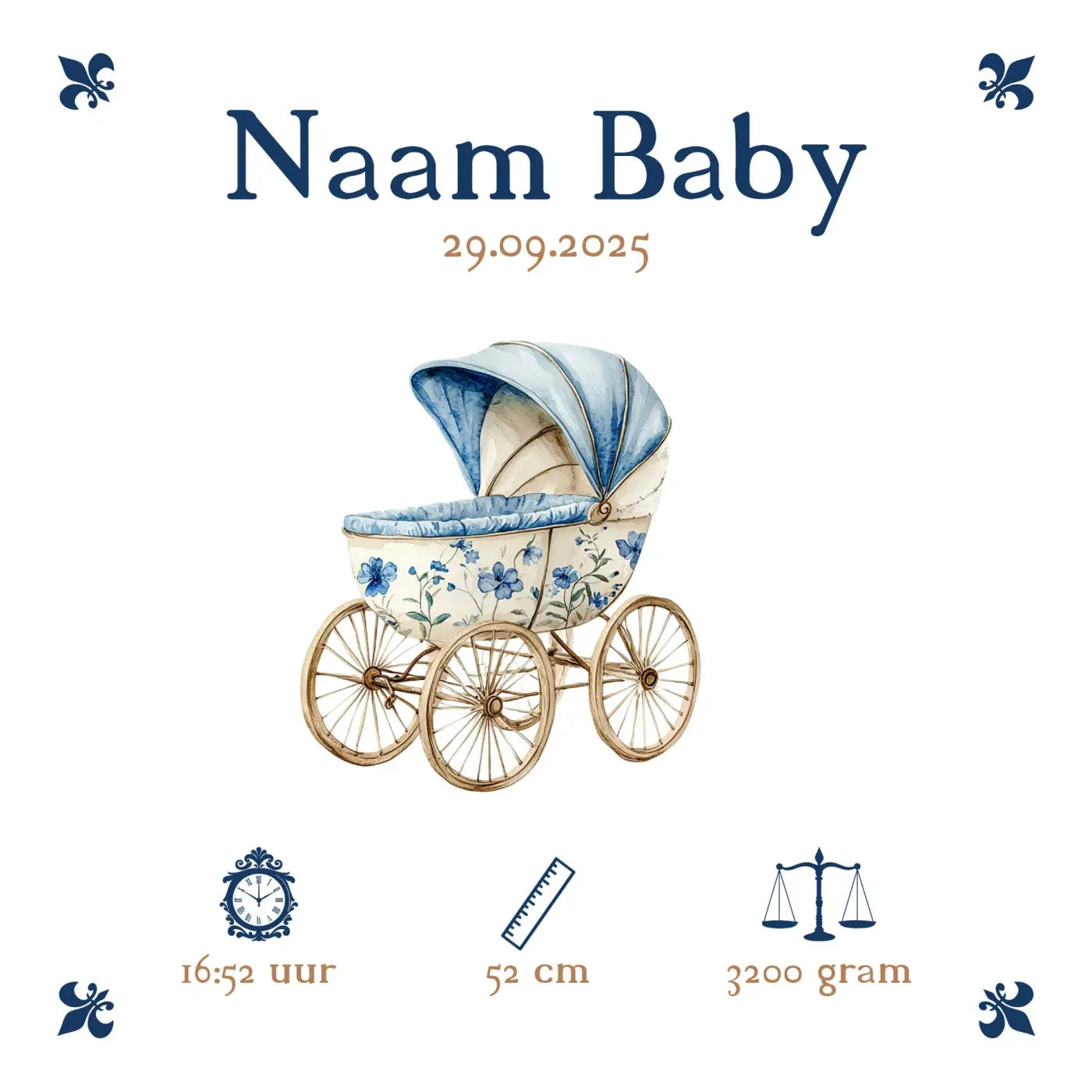 Een delicate vintage blauwe babywagen met blauwe bloemen en goudkleurige wielen baby tegeltje blauw kinderwagen