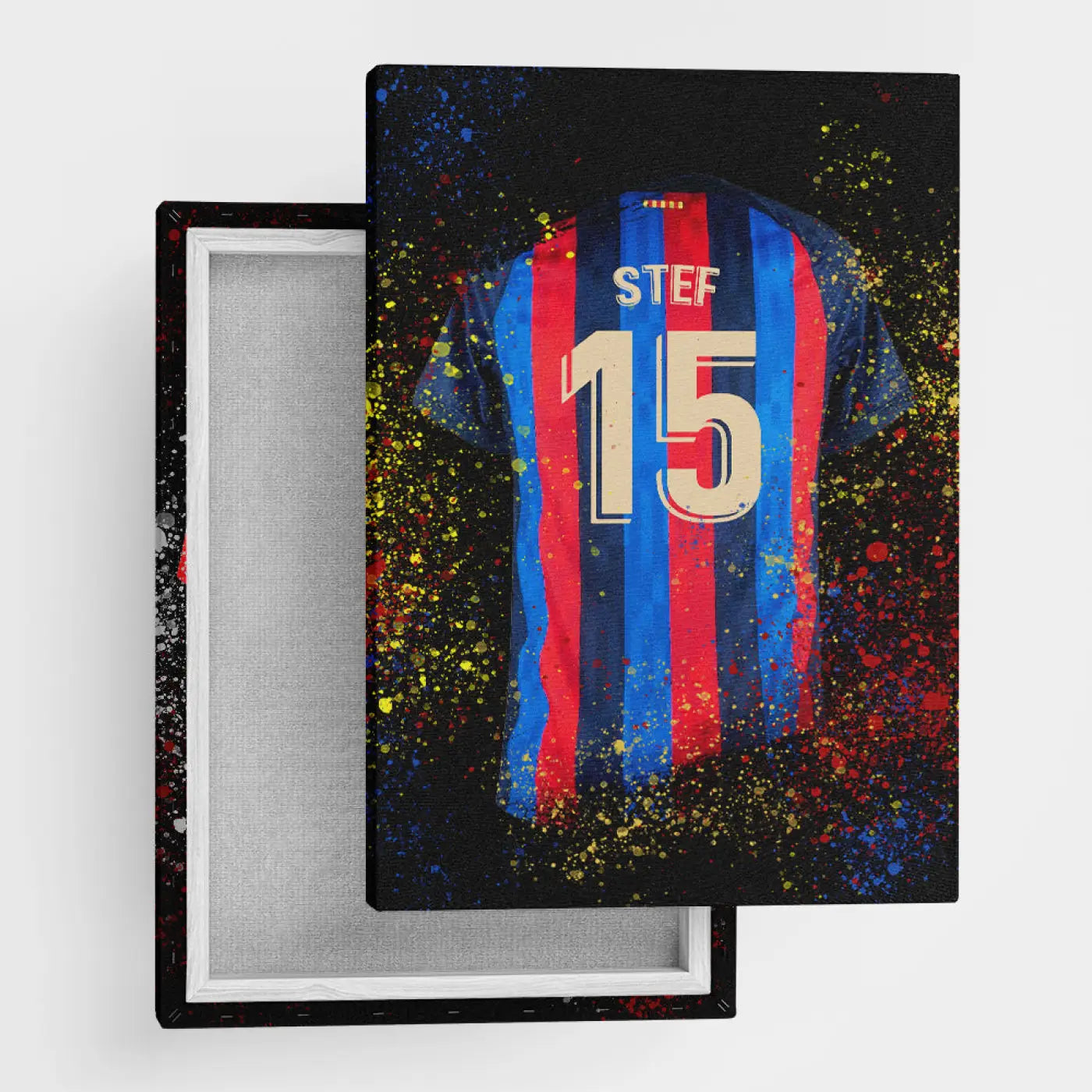 Vibrante canvasprint van fc barcelona shirt met roodblauwe strepen en naam stef nummer 15 op zwarte achtergrond