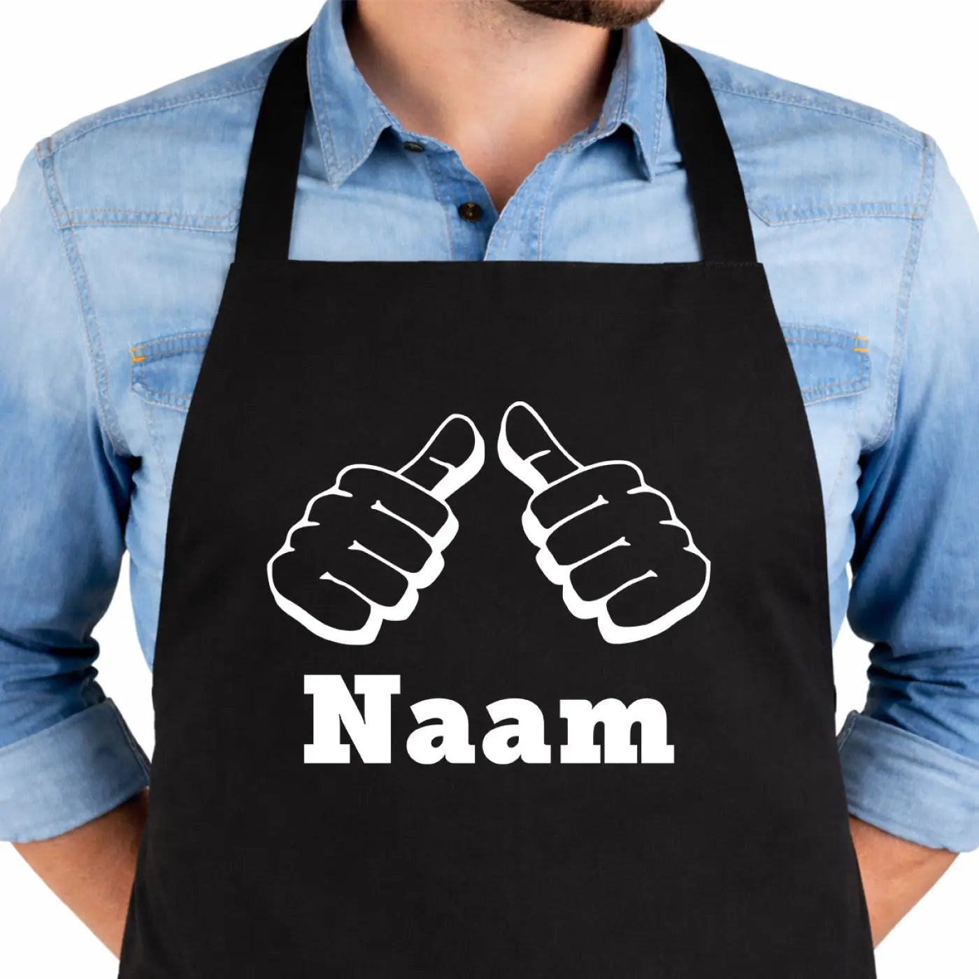 Zwart bbq schort met witte duim omhoog print en naam tekst ideaal voor barbecuen