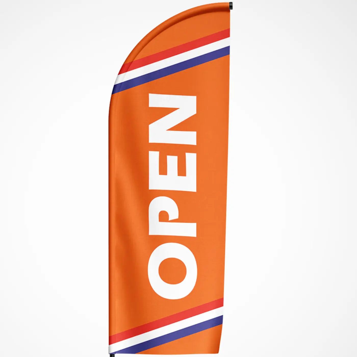 Vibrante oranje beachvlag open met witte letters en rode witte blauwe diagonale strepen