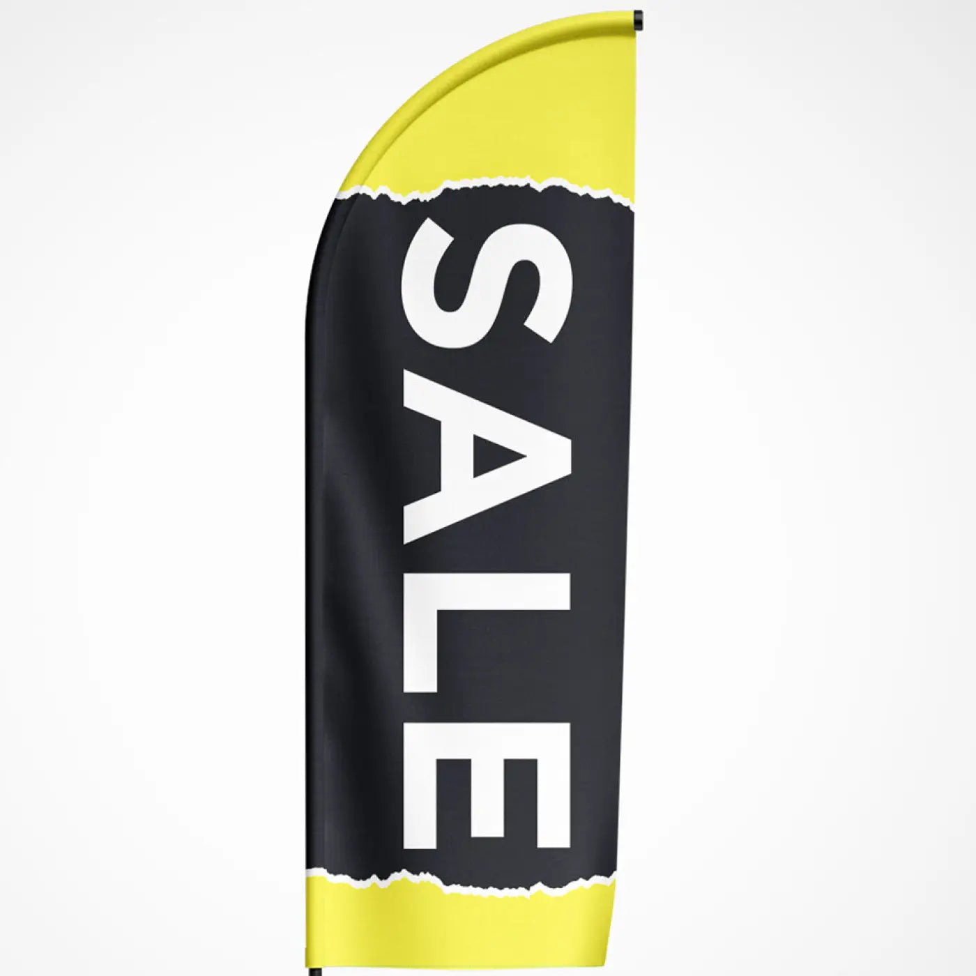 Een beachvlag sale zwart met een gedurfde zwarte en gele veervlag en grote witte letters sale