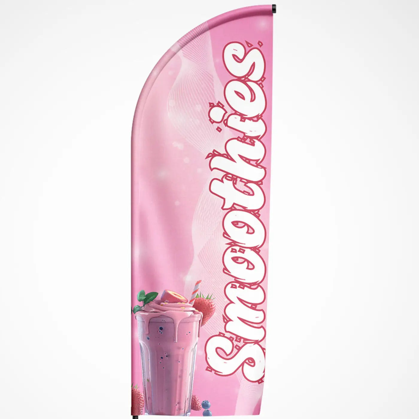 Roze beachvlag smoothies met witte cursieve tekst en afbeelding van een aardbeien smoothie