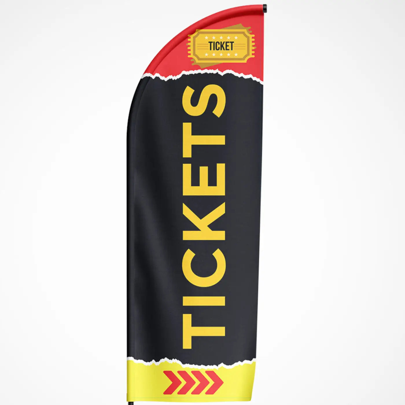 Black beachvlag tickets met gele letters en rode en gele accenten met ticket afbeelding bovenaan