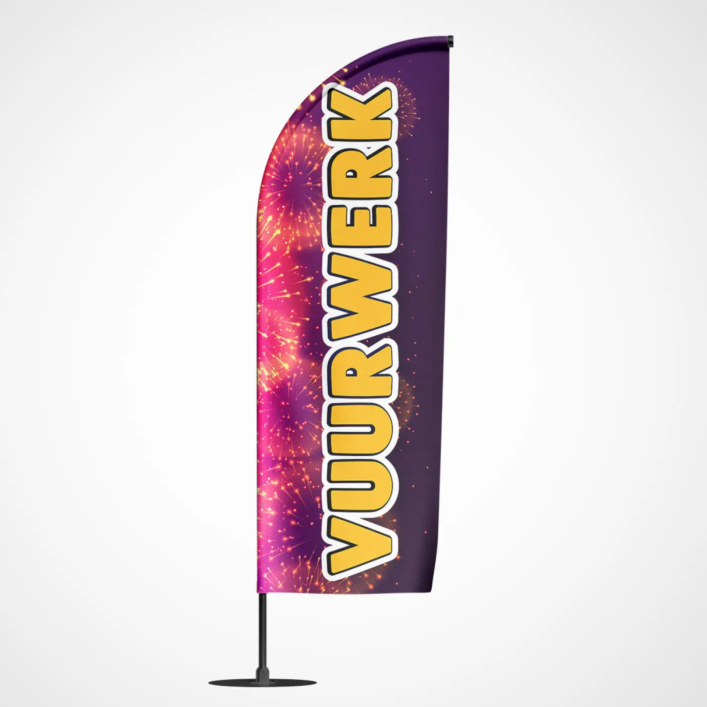 Beachvlag vuurwerk met paars veervormig ontwerp en gele vuurwerk letters voor opvallende reclame