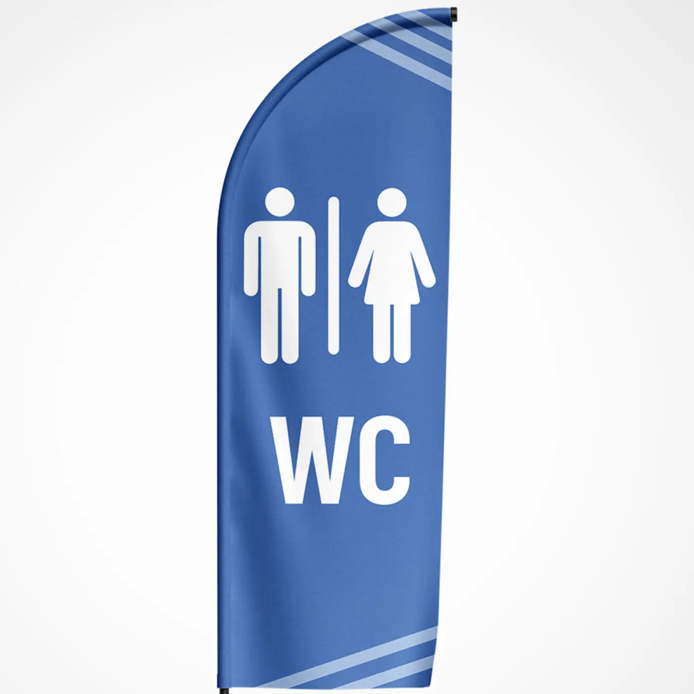 Blauwe beachvlag wc met mannelijke en vrouwelijke witte toiletsymbolen en wc tekst