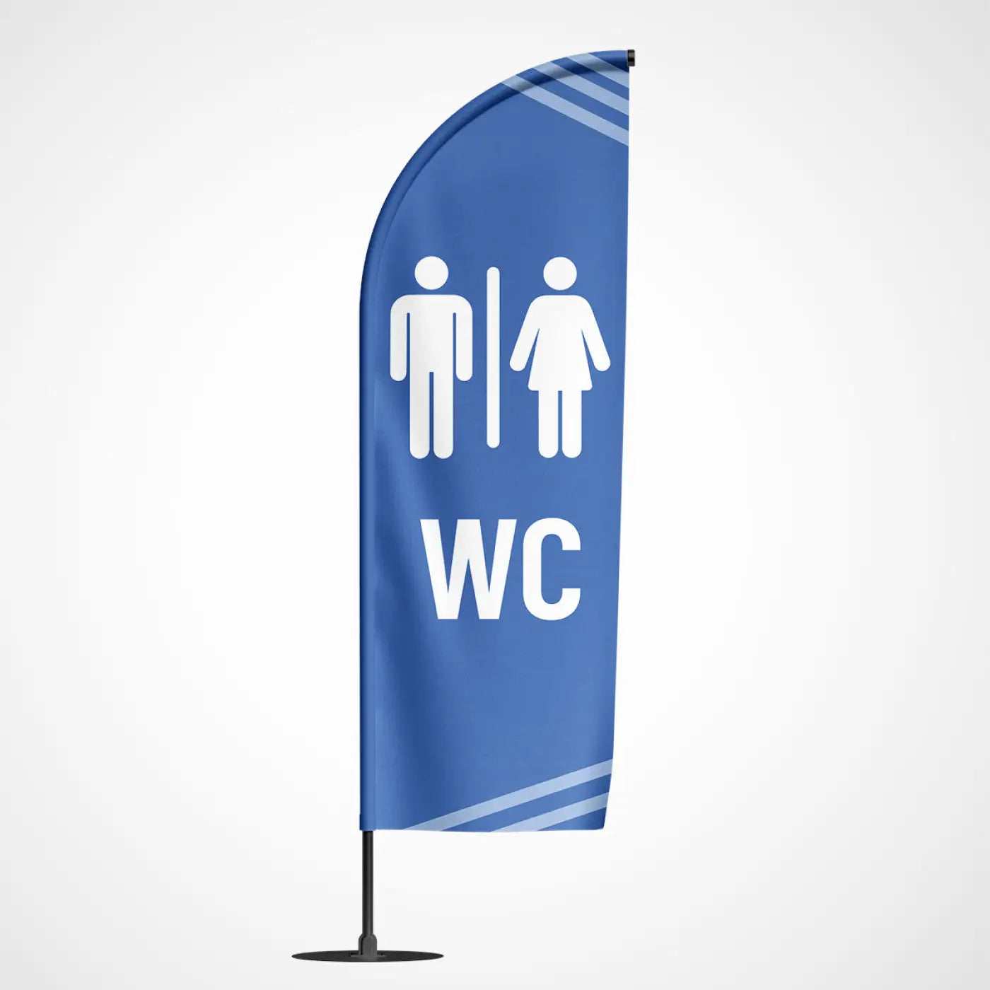 Blauwe beachvlag wc met witte mannelijke en vrouwelijke pictogrammen en diagonale lichtblauwe strepen