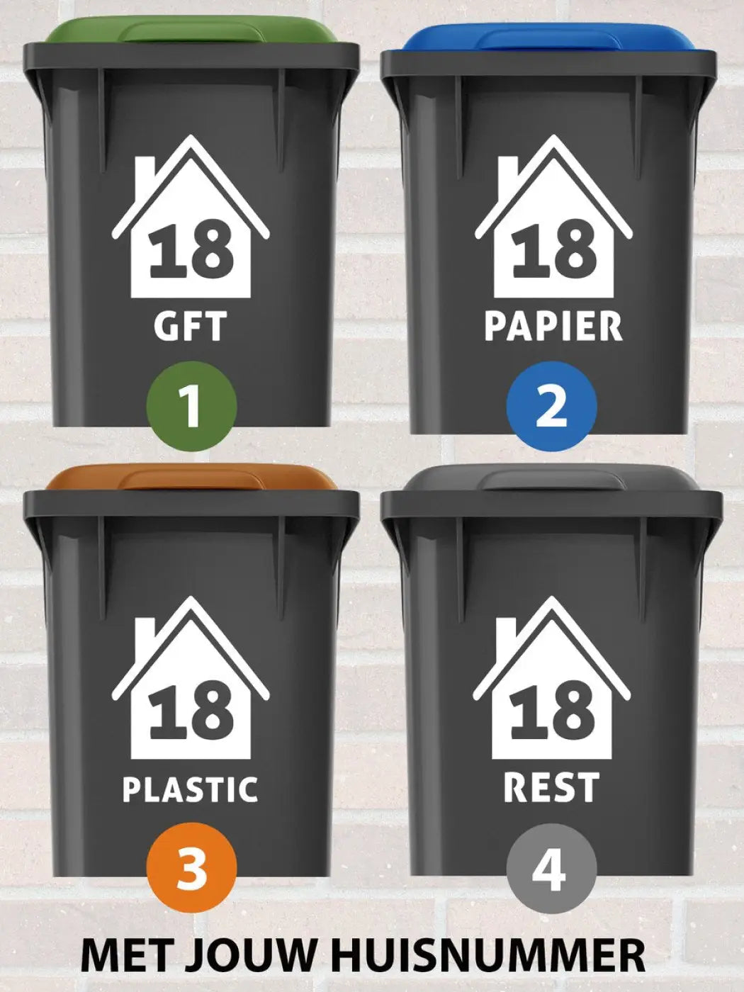 Container Stickers - 4 stuks - Huisjes met tekst - Gft, Papier, Plastic, rest - 15 x 20 cm – Kleurmedia®