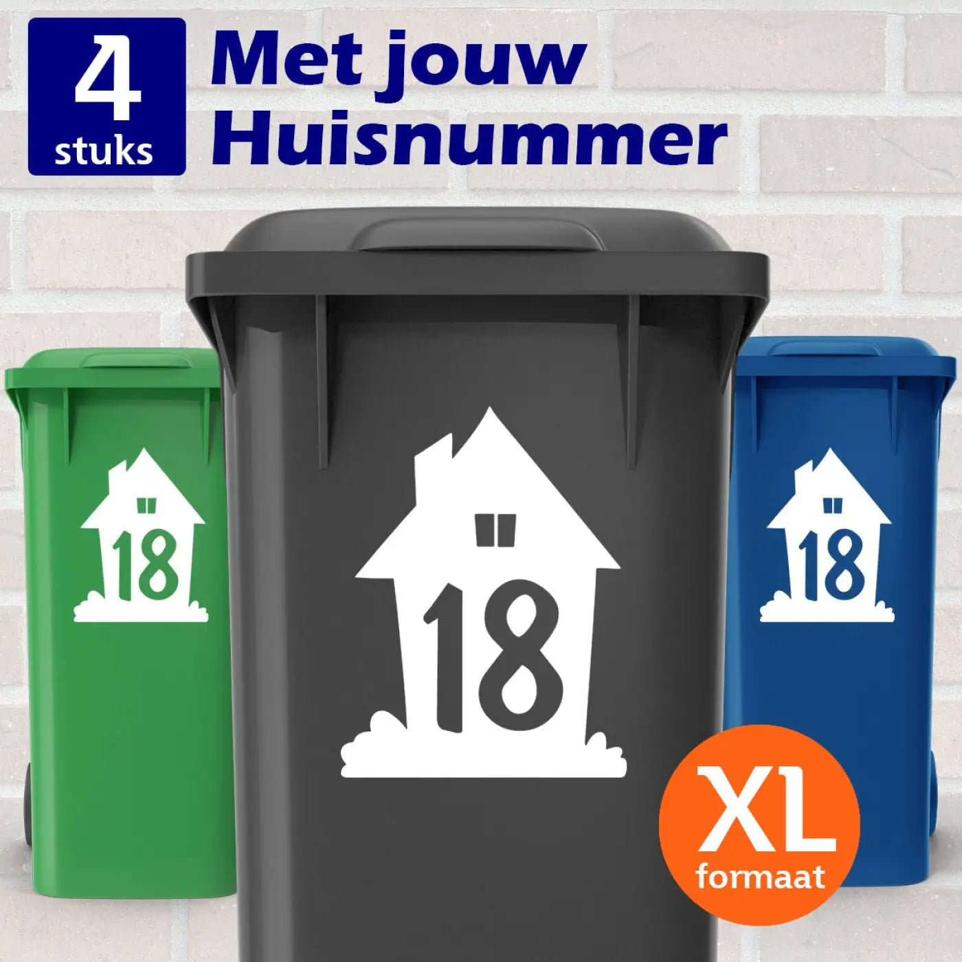 Container Stickers XL - Huisje met Gras & Huisnummer - Kleurmedia Container Stickers XL - Huisje met huisnummer - Wit - 3 stuks Containerstickers