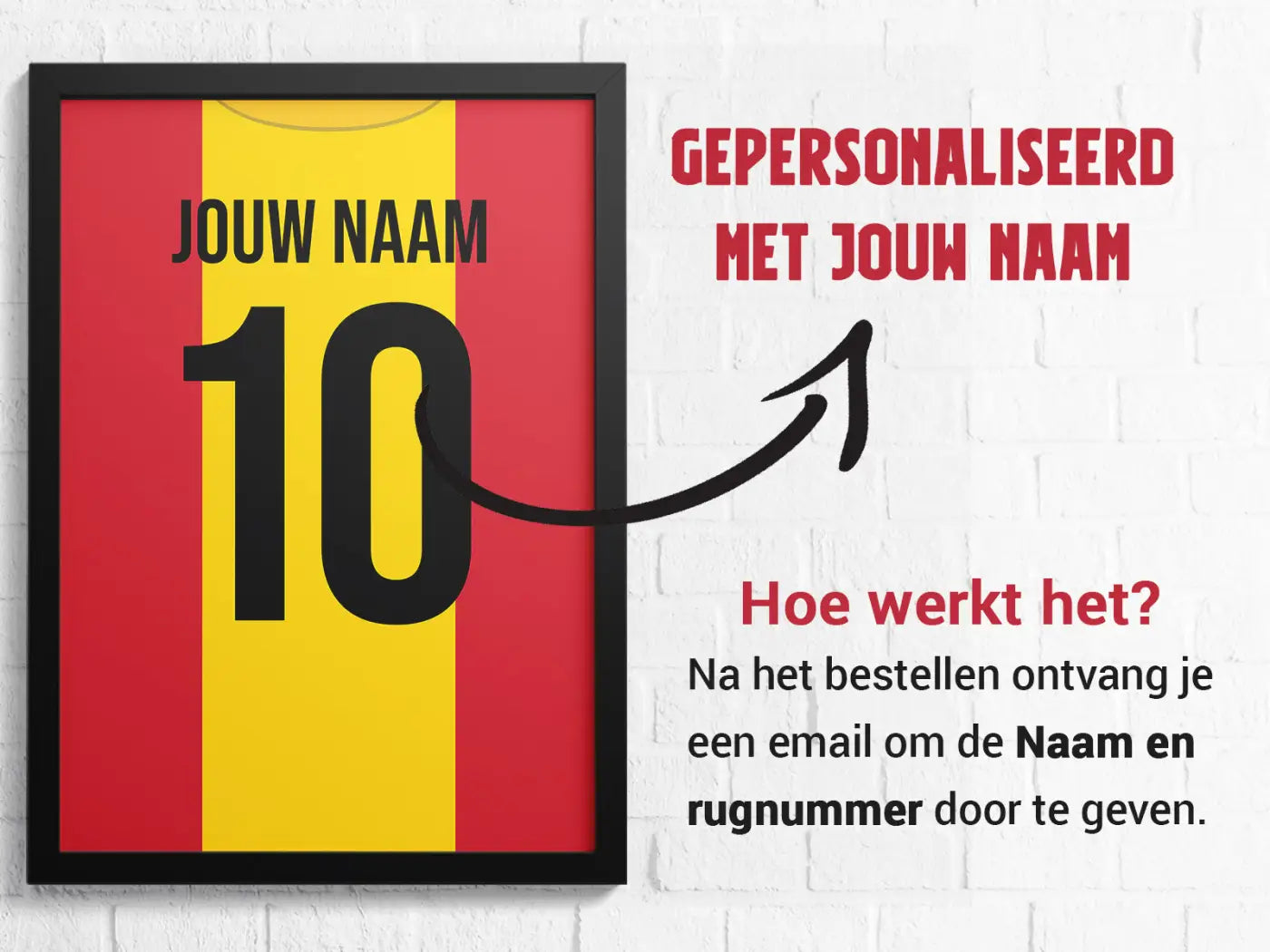 Een ingelijste poster met een rood-gele gestreepte voetbalshirt met nummer 10 uit de Deventer 3-delige posterset goal collection