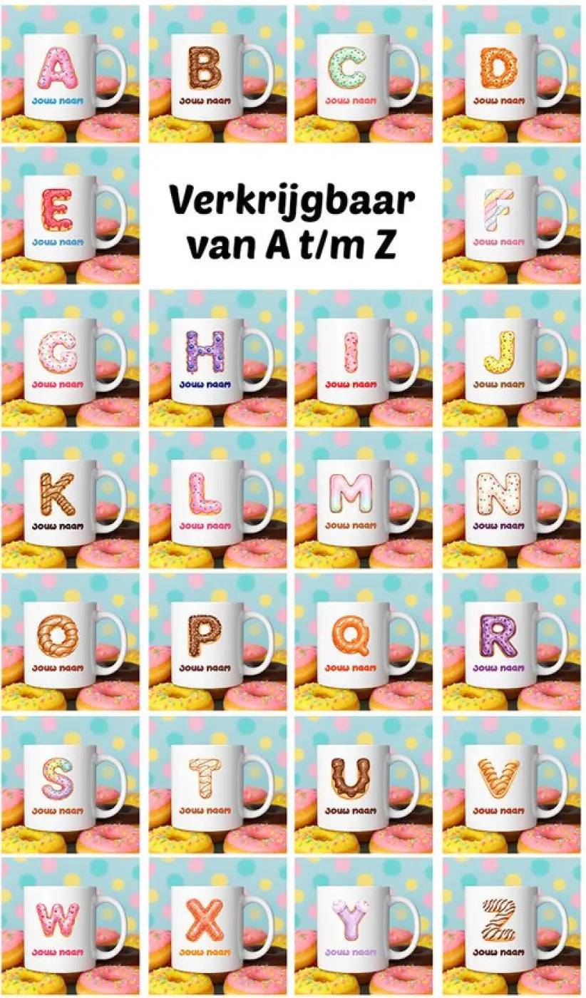 Witte keramische mokken met kleurrijke letters en ontwerp geïnspireerd op gesprinkte donuts voor dagelijks gebruik