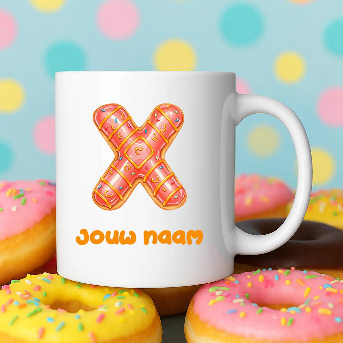 Witte keramische mok met roze donut x ontwerp en oranje tekst jouw naam in de donut mok x collectie