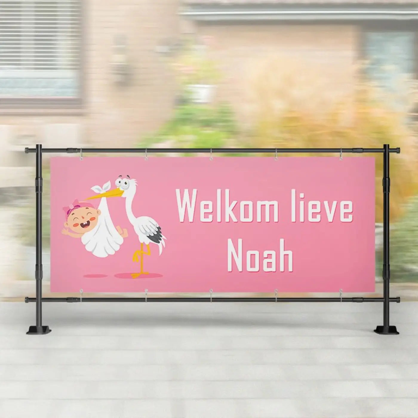 Geboorte spandoek | Ooievaar staat met Baby Roze - spandoeken