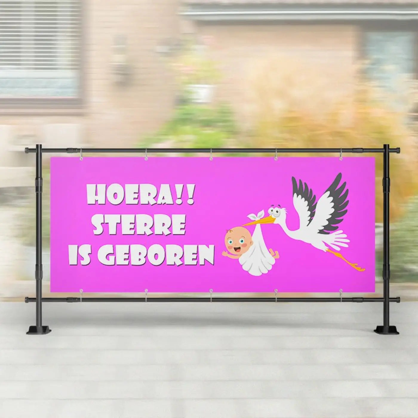 Geboorte spandoek | Vliegende Ooievaar met Baby Roze - spandoeken
