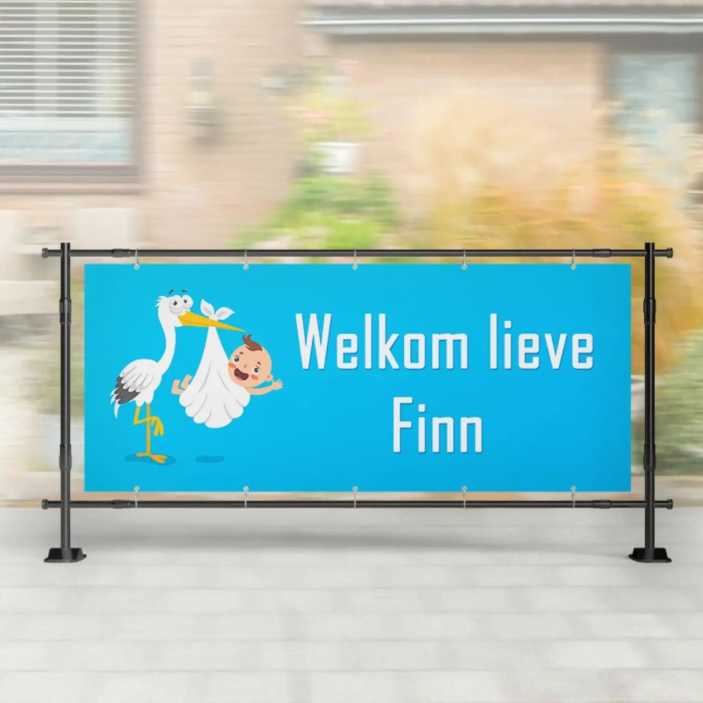 Geboorte spandoek | Vliegende Ooievaar staat met Baby Blauw - spandoeken