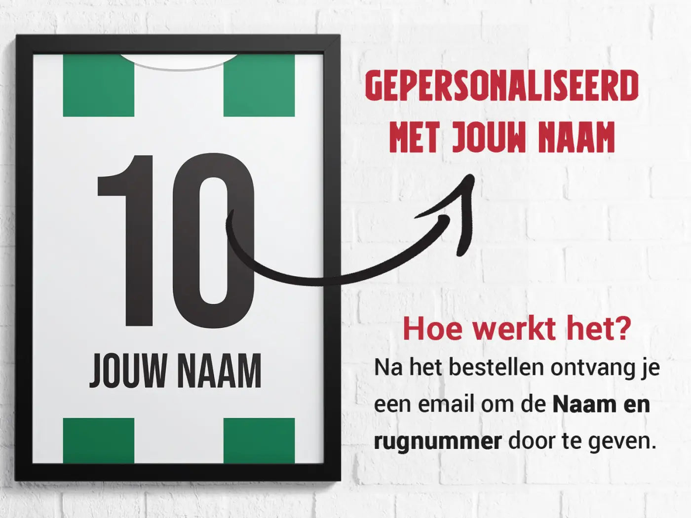 Een ingelijste poster met een wit groen gestreept groningen voetbalshirt nummer 10 gepersonaliseerd met je naam