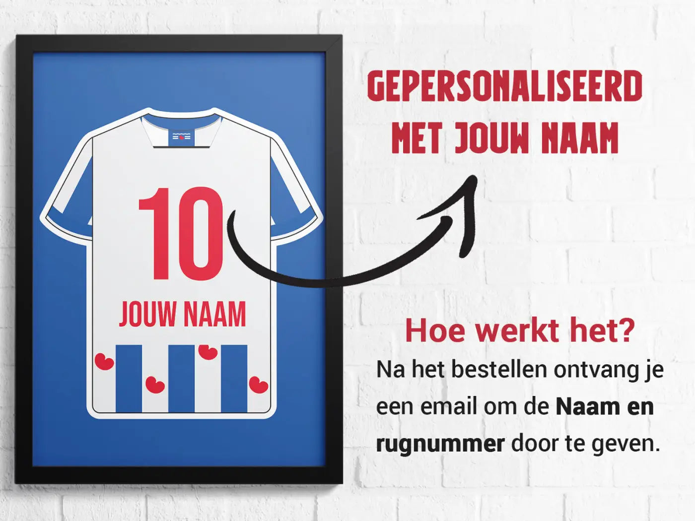 Een ingelijste gepersonaliseerde print van een witblauw heerenveen voetbalshirt met rood nummer 10 en hartaccenten