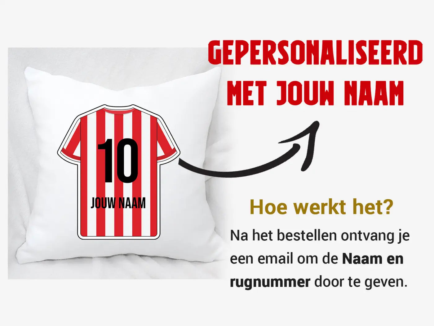 Wit kasteel rotterdam voetbal kussen met rode en witte gestreepte jersey design nummer 10 en naam personalisatie