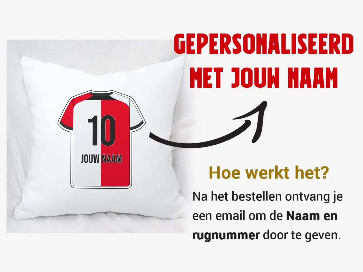 Wit Rotterdam voetbal kussen met bedrukte rode en witte voetbalshirt print nummer 10 en personaliseert jouw naam