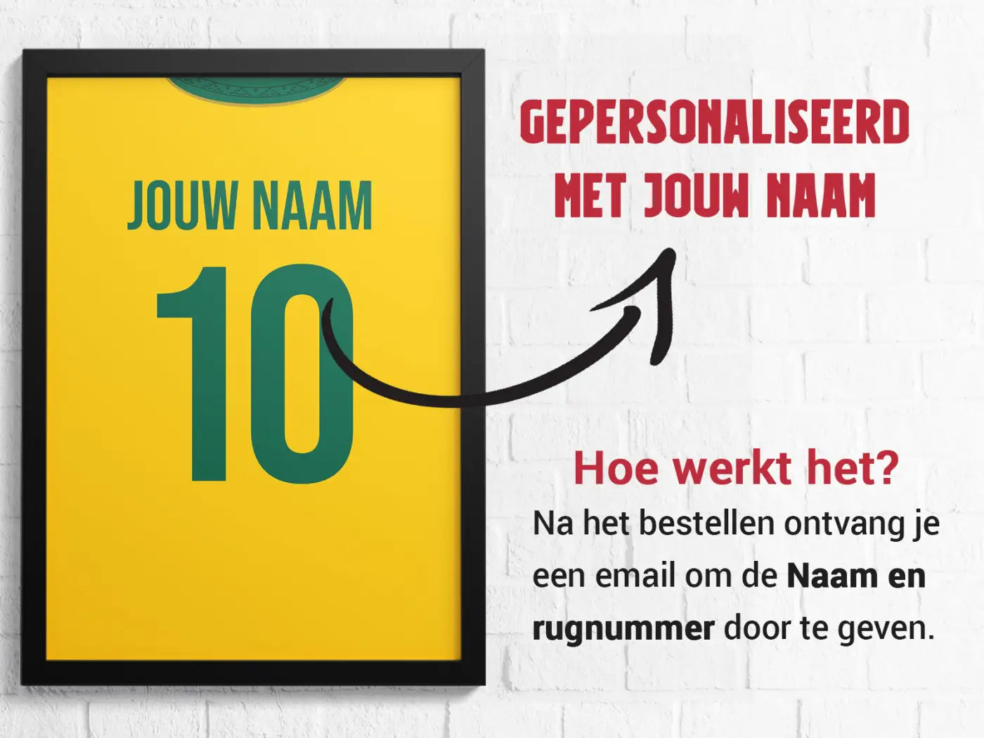 Gele ingelijste poster met gepersonaliseerd Sittard voetbalshirt ontwerp nummer 10 in groen uit goal collectie