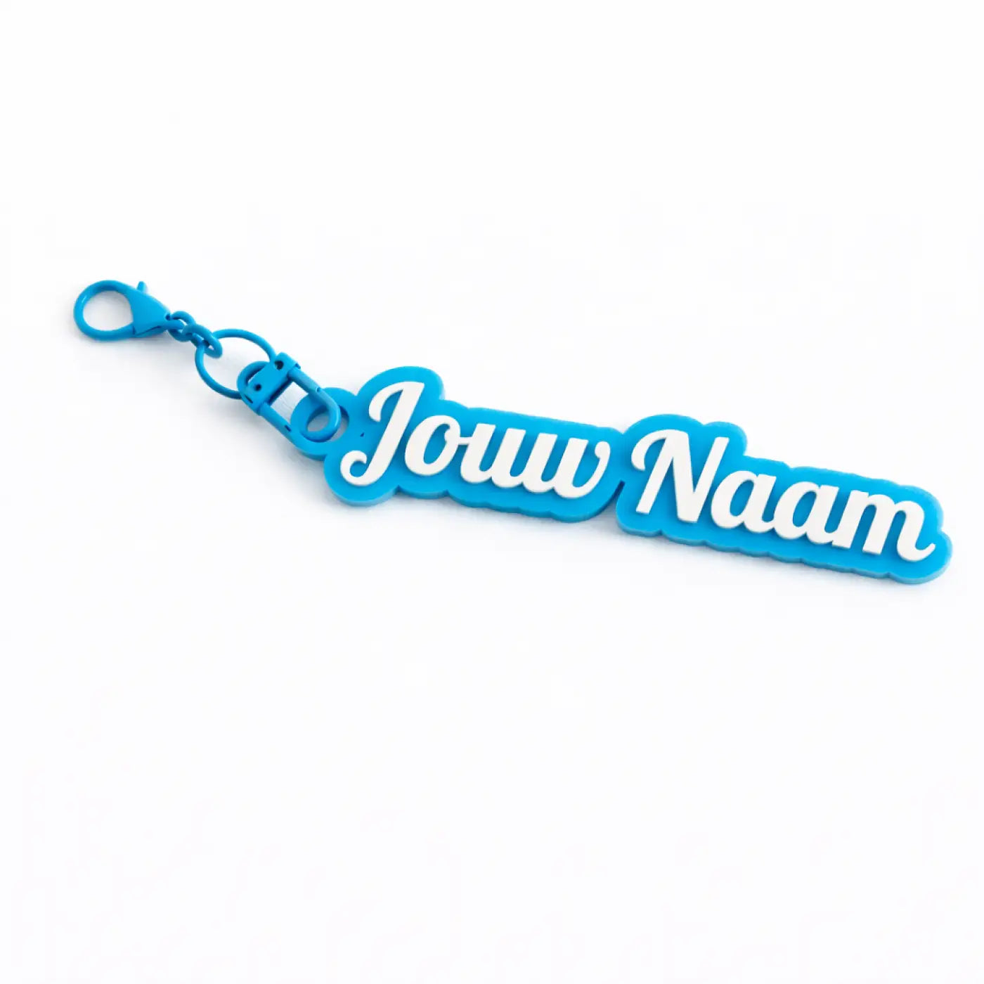 Sleutelhanger met naam blauw van plastic met witte letters jouw naam en metalen sluiting