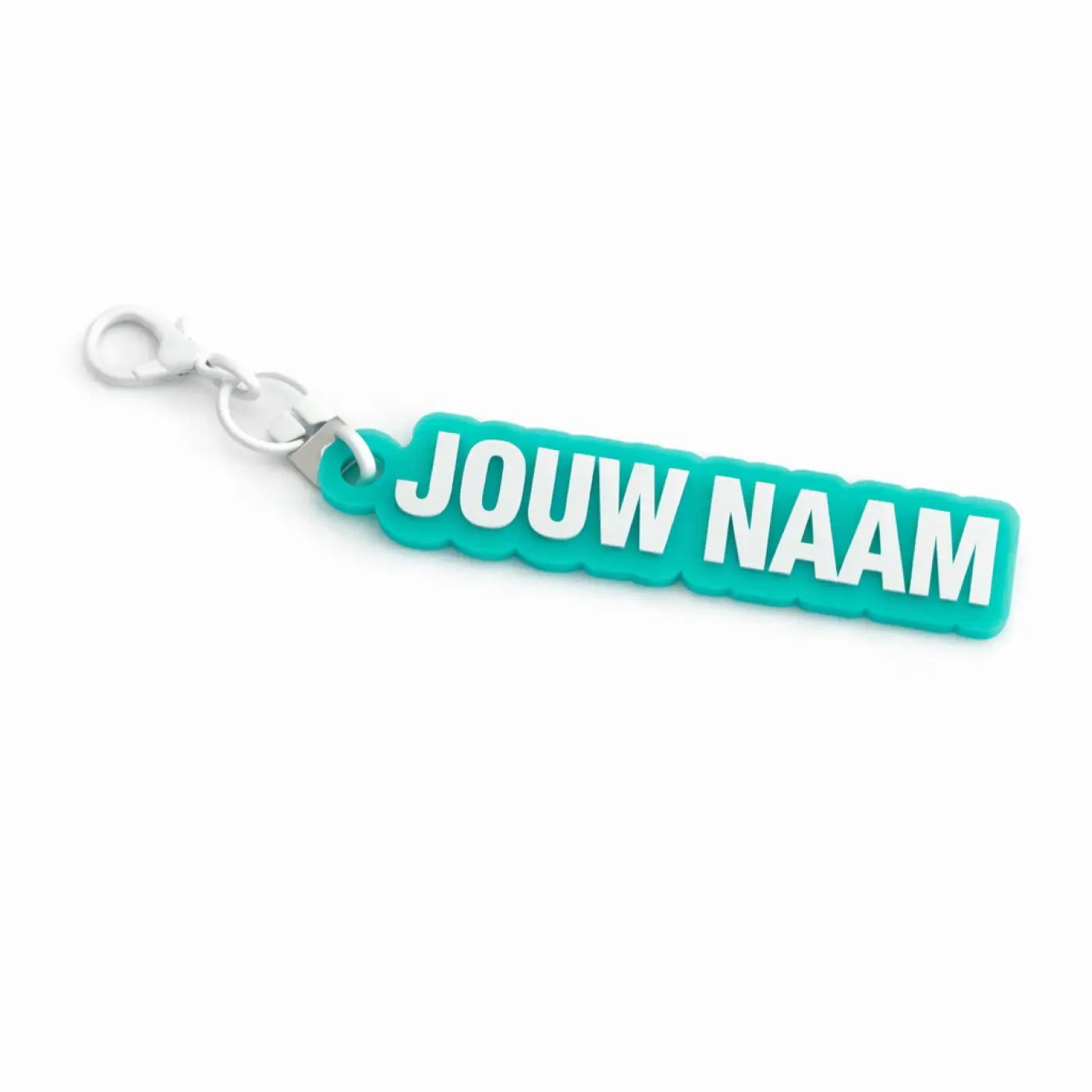 Sleutelhanger met naam groen van teal siliconen met witte letters jouw naam en zilveren metalen sluiting