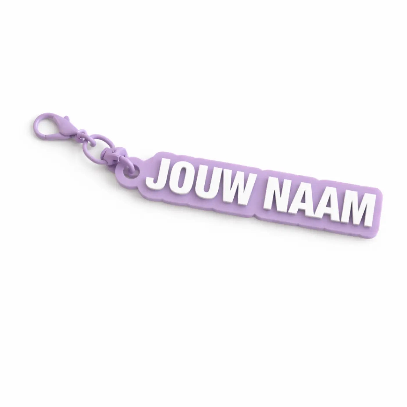 Sleutelhanger met naam in lila paars van siliconen met witte verhoogde letters en paarse metalen sluiting