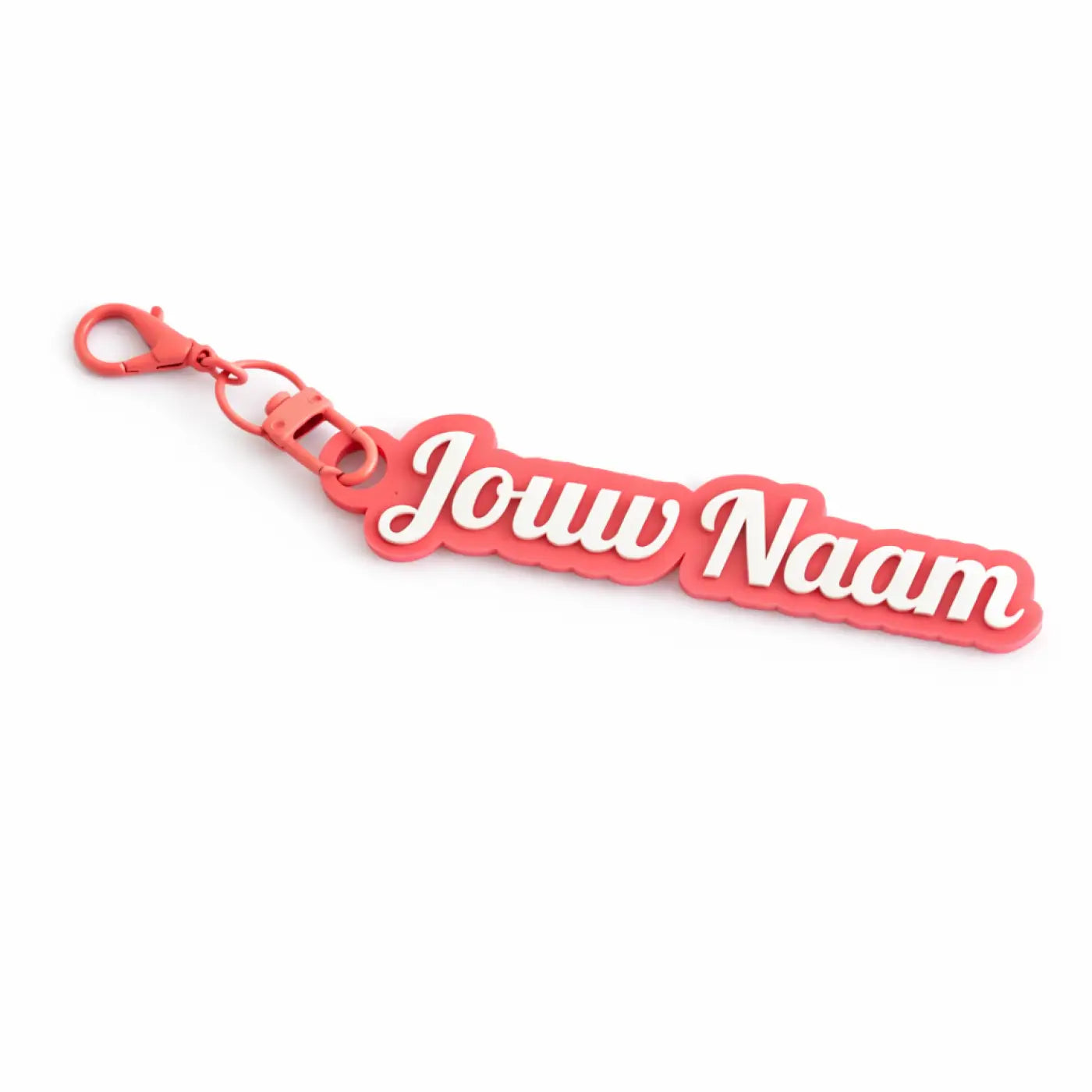 Sleutelhanger met naam roze coral kleurige siliconen keychain met witte cursieve tekst jouw naam