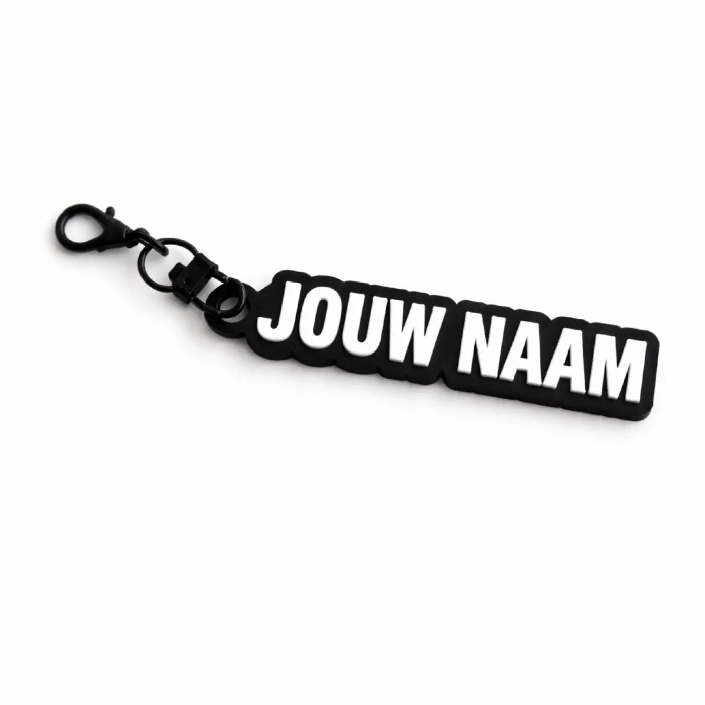 Zwarte rubberen sleutelhanger met naam en metalen zwarte sluiting geschikt voor persoonlijke accessoires