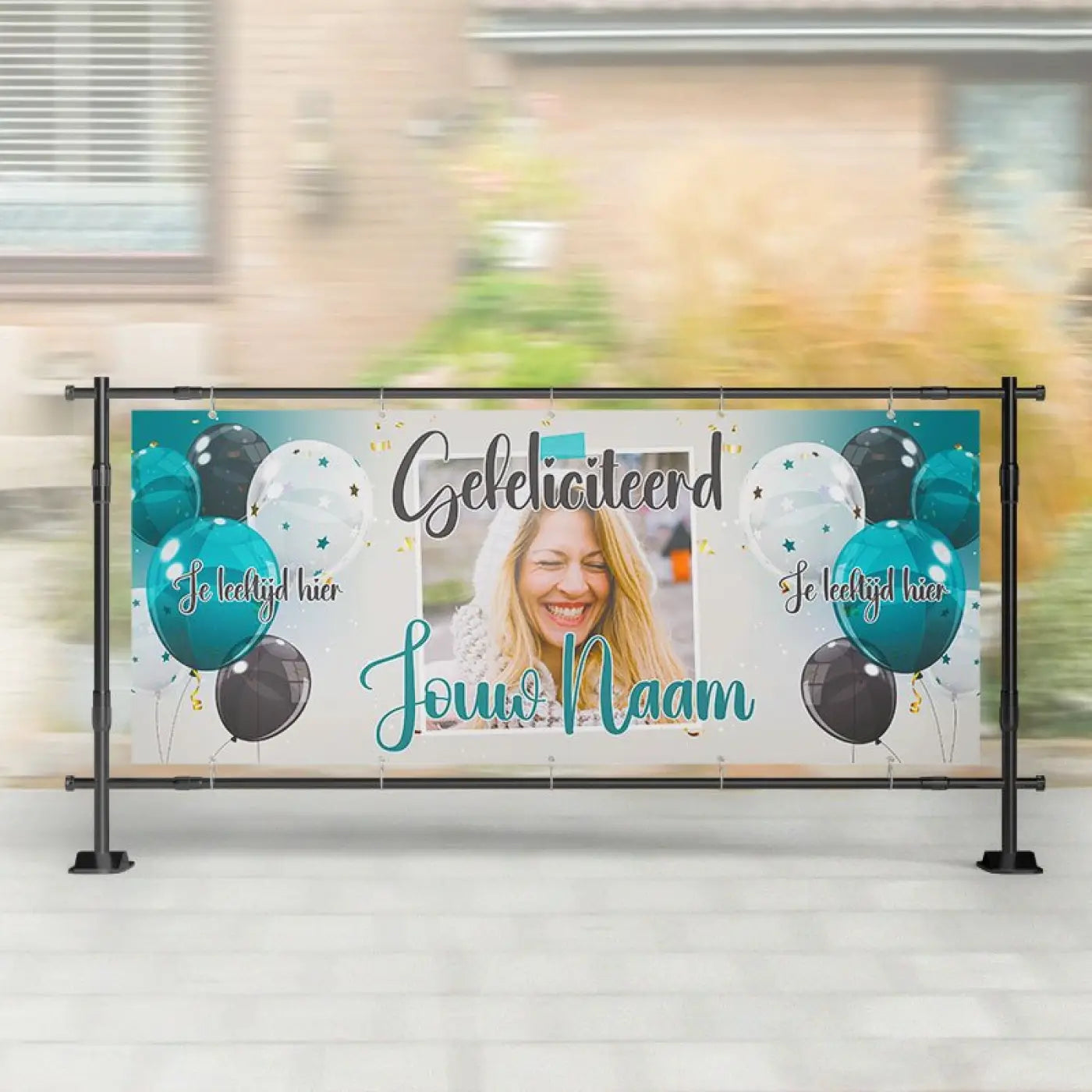 Teal en zwarte ballonnen feest spandoek met gepersonaliseerd foto frame en naam voor verjaardag blauw thema