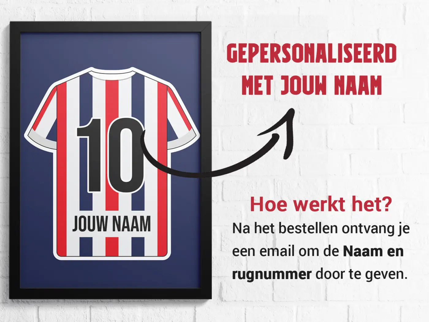 Een ingelijste print van een gepersonaliseerd voetbalshirt met rood wit en blauw gestreept design en nummer 10 in zwart uit de tilburg 3-delige posterset star collection