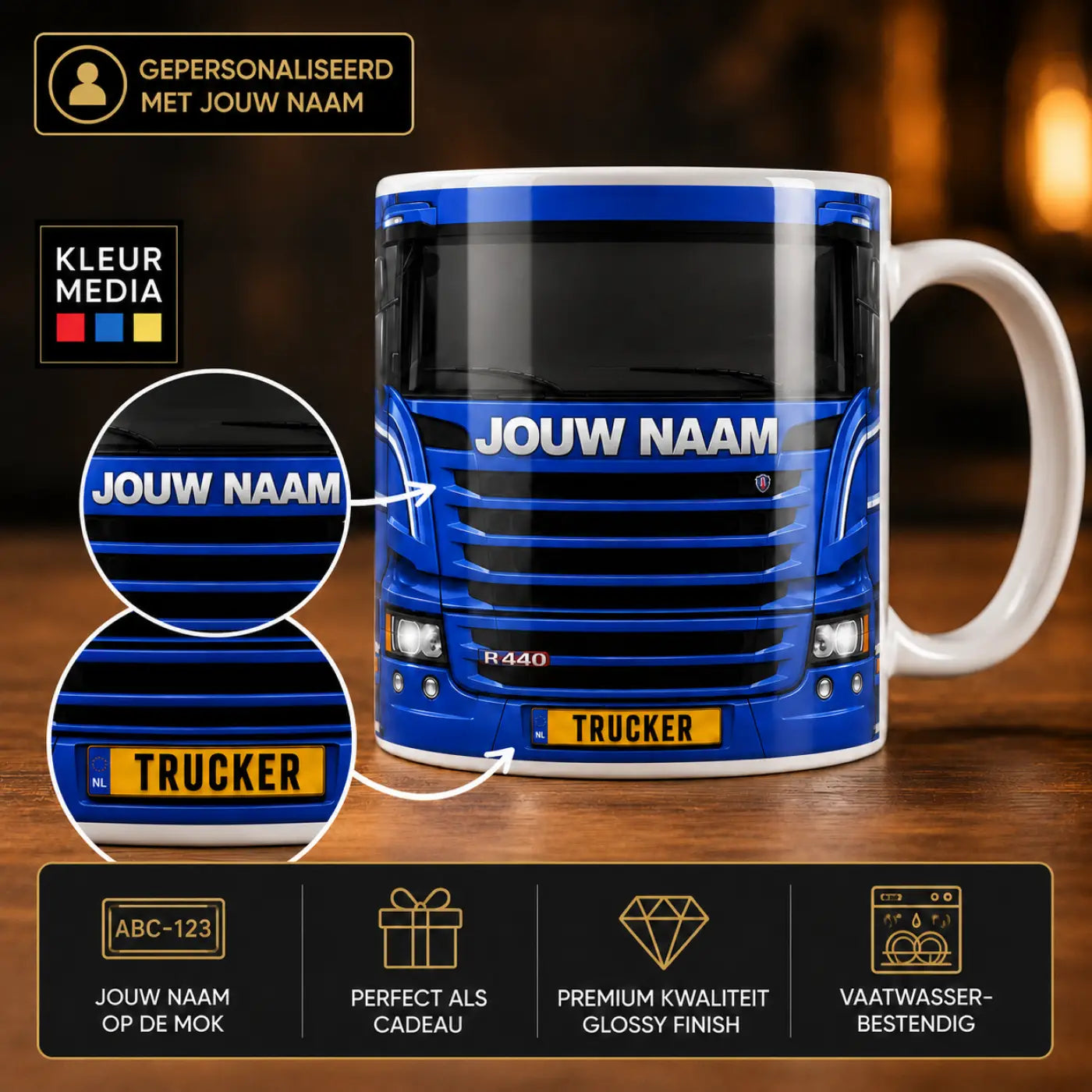 Truckersmok - Blauw - Gepersonaliseerd met eigen naam en kenteken - vrachtwagen mokken