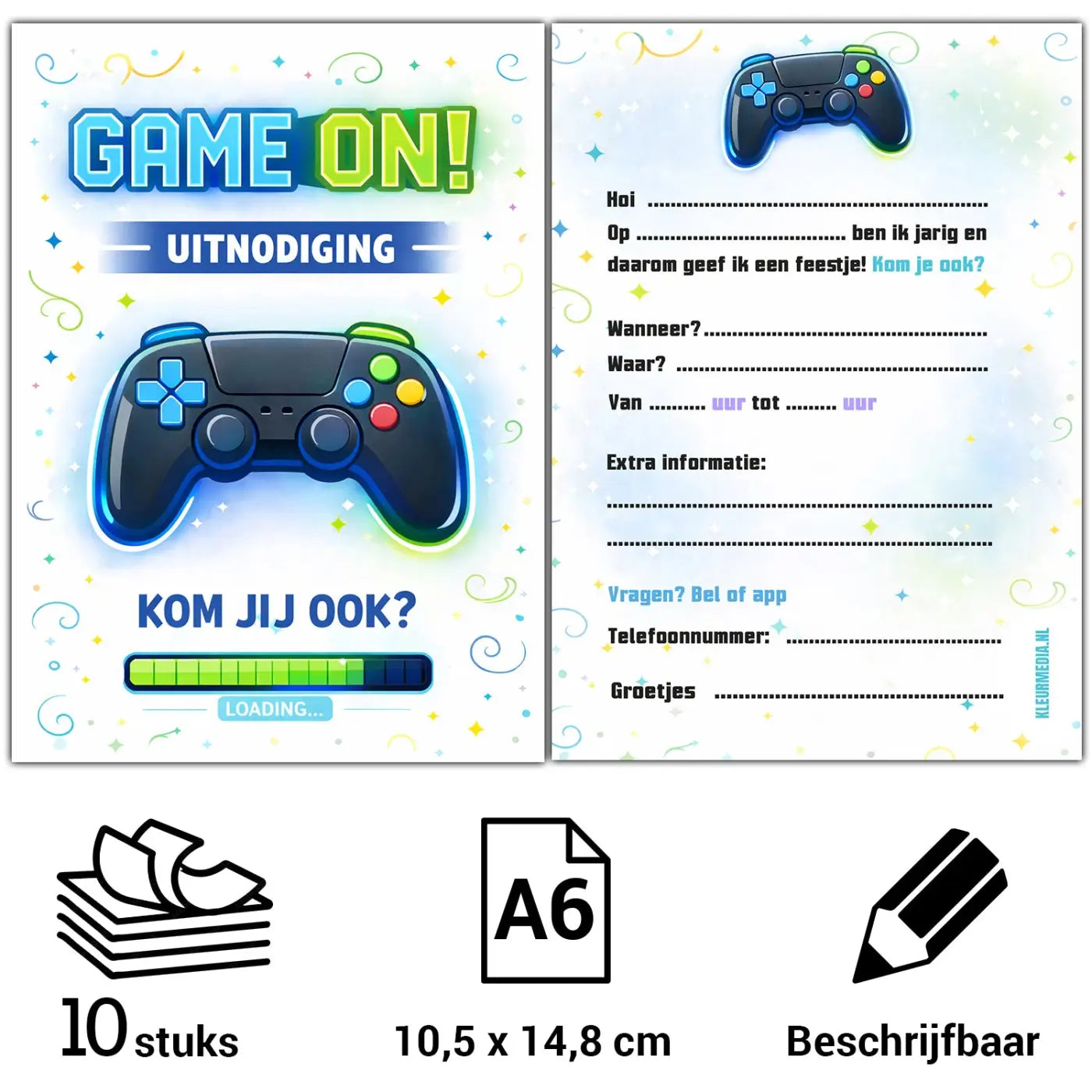 Zwarte playstation-controller met blauwe groene gele en rode knoppen voor uitnodiging kinderfeestje gaming