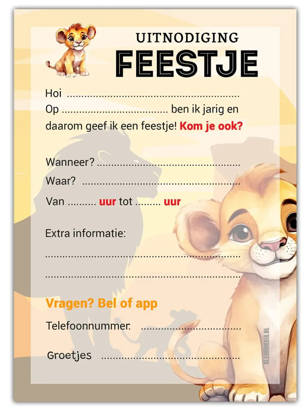 Uitnodiging Kinderfeestje Leeuwtje Lion King - kinderfeestjes