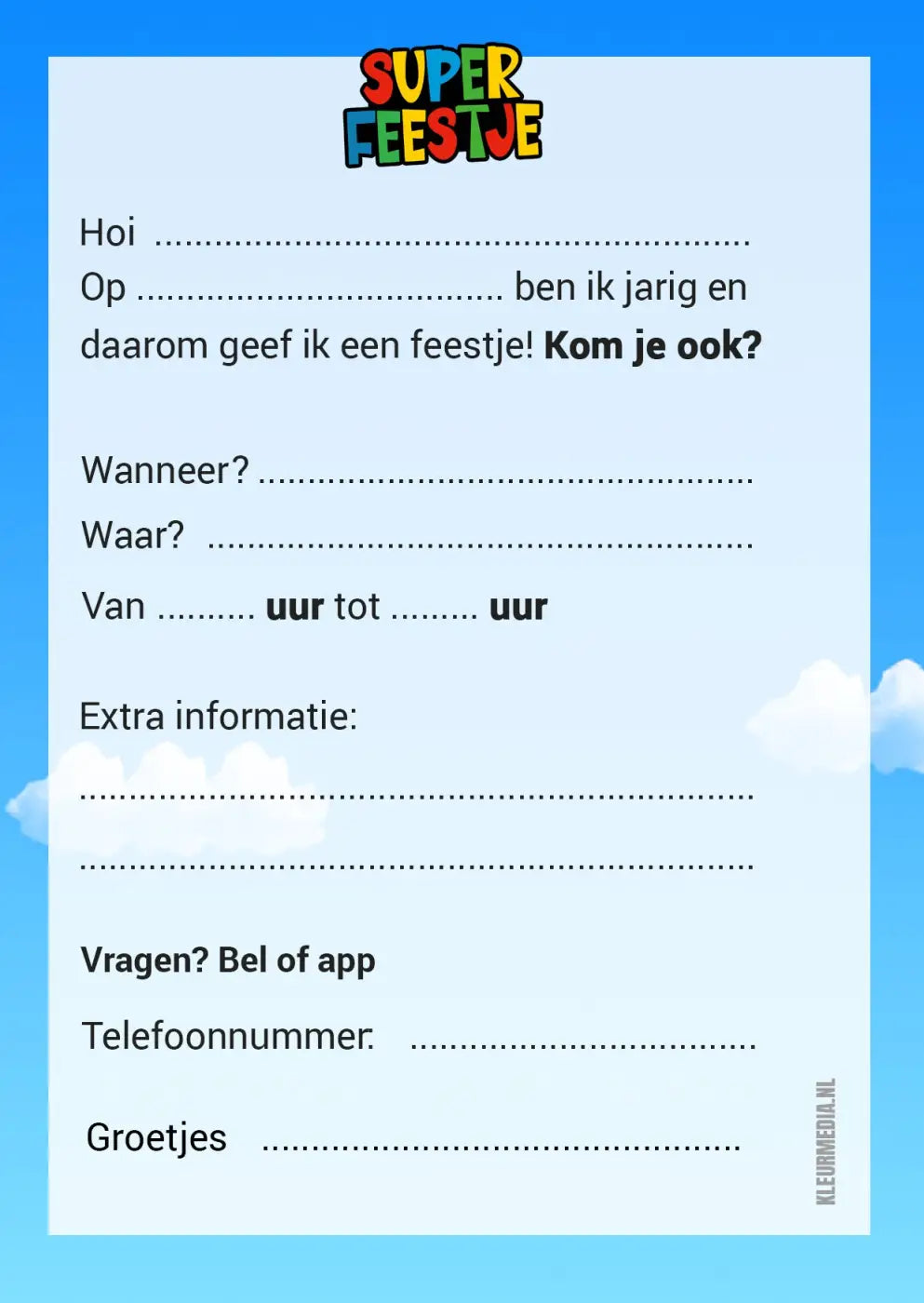 Uitnodiging kinderfeestje super feestje kleurrijke kaart met invulbare strepen voor datum tijd en locatie